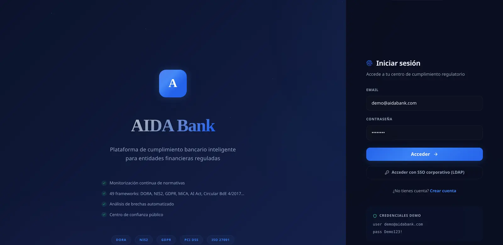 Pantalla de acceso de AIDA Bank, plataforma de cumplimiento bancario