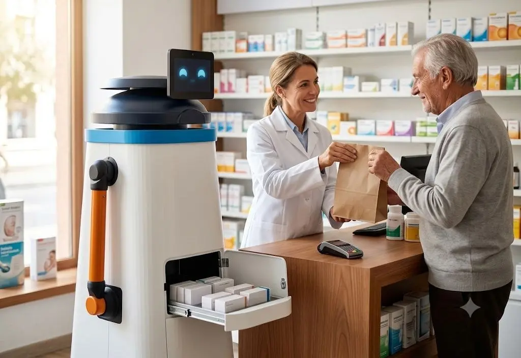 Robot ALBA entregando un pedido en el mostrador de la farmacia