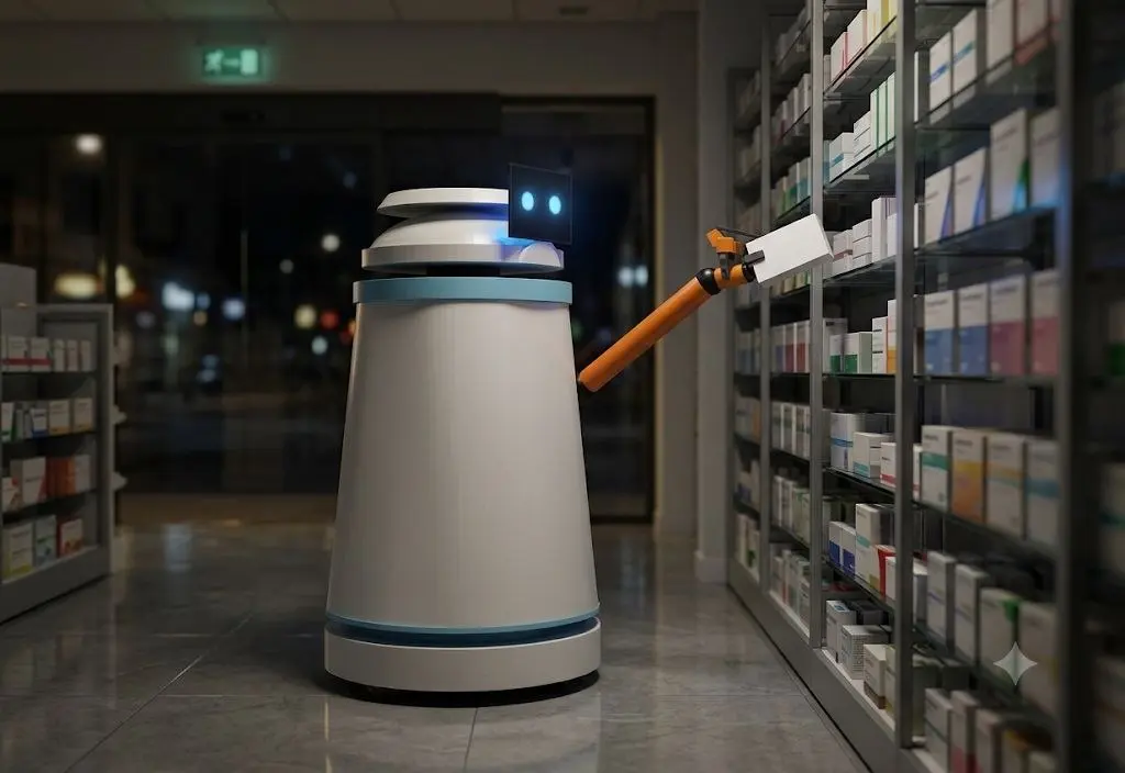 Robot ALBA recogiendo pedidos en una farmacia de noche